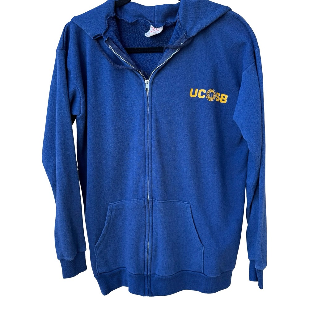 UCSB Vintage 60s H Wolf & Sons Santa Barbara Full Zip Hoodie Blue USA Made Large
